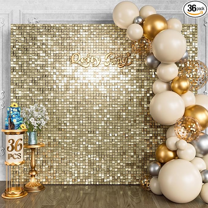 Qcity Light Gold Shimmer Wall Backdrop 36PCS, Square Sequin Glitter Backdrop by QCITY