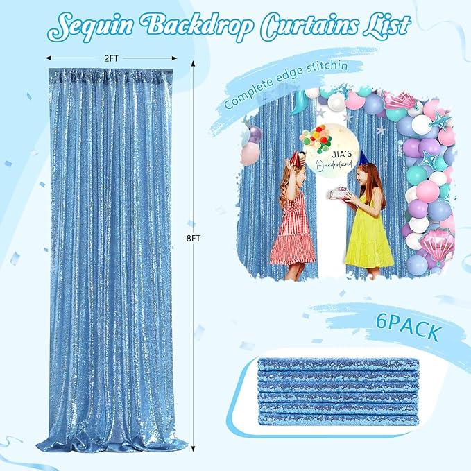 Baby Blue Backdrop Curtains for Party Sequin Fabric 12ftx8ft for Wedding - Image 2