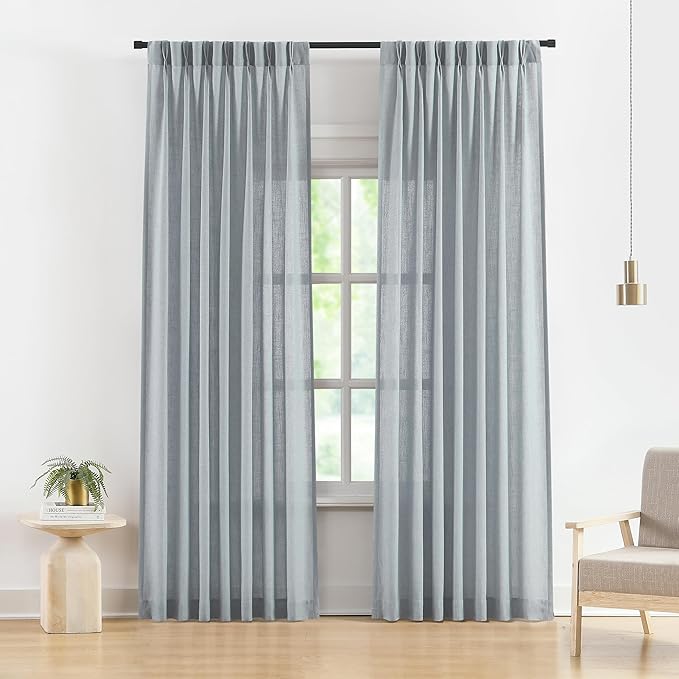 Vision Home Blue Fog Pinch Pleated Semi Sheer Curtains Textured Linen Blended by VisionHome