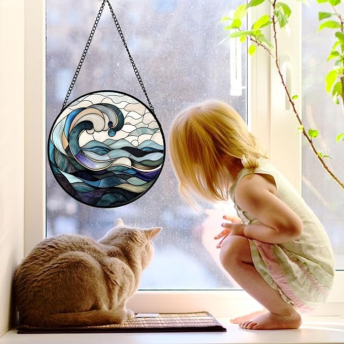 Stained Glass Window Hanging, Ocean Waves Sun Catchers Diamond Glass Panel - Image 3