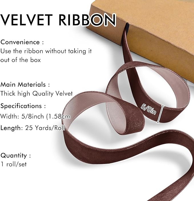 Brown Velvet Ribbon 5/8'' 25 Yards - Image 2