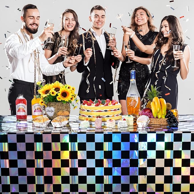1Pack Black and Iridescent Checkered Plastic Tablecloth, Shiny Disposable Laser - Image 7