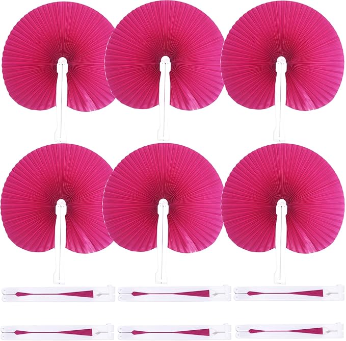 12 Packs Decorative Paper Folding Hand Fans Handheld, Hot Pink Round Foldable by Bestage