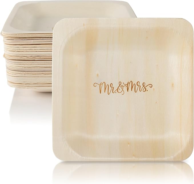 Mr. and Mrs. Disposable Wedding Plates – Rustic, Compostable Alternative to by WoodWonder
