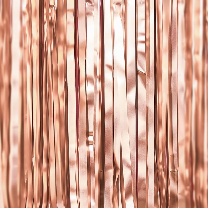 PartyWoo Rose Gold Curtains Backdrop Streamers 3pcs 8.2ft Rose Gold Foil Fringe - Image 2