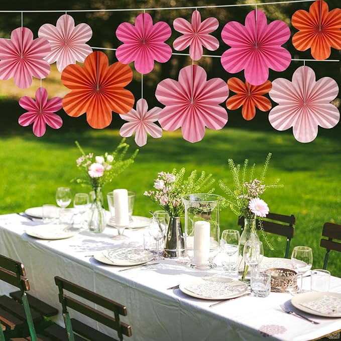 BestoFun 12 PCS Paper Flowers Fans Pink and Orange Party Decorations Paper - Image 5