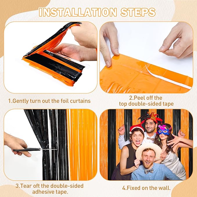 Halloween Photo Backdrop, 2 Pack Orange and Black Party Streamer, Metallic Foil - Image 7