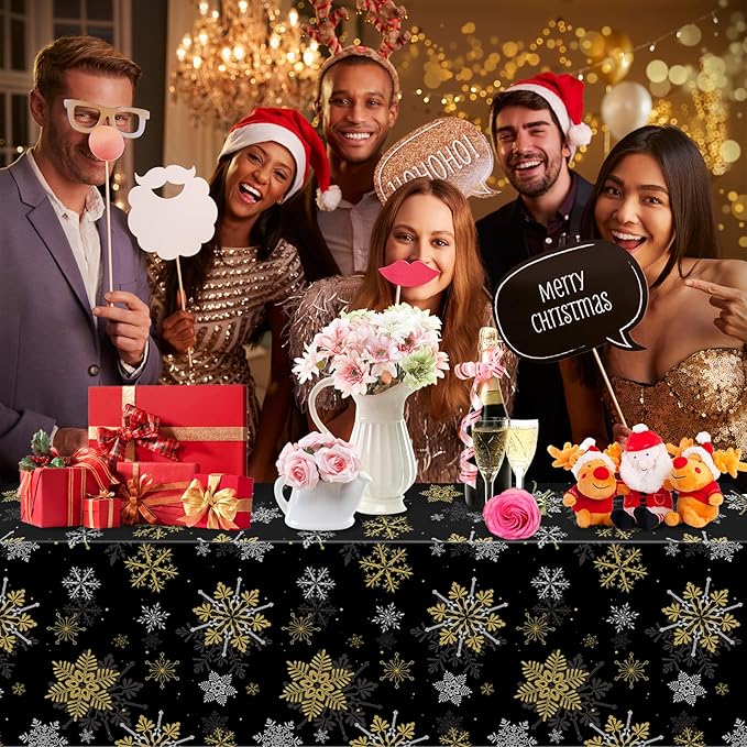 6Pcs Christmas Snowflake Party Tablecloths Decorations, Plastic Black and Gold - Image 7