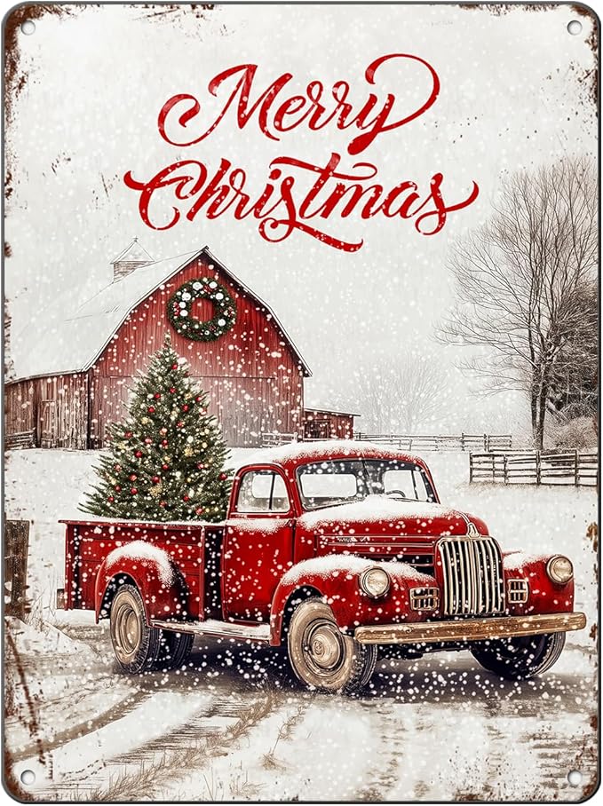 Vintage Christmas Red Truck Tin Sign Merry Christmas Truck Christmas Tree Metal by GJXFTPTTBD