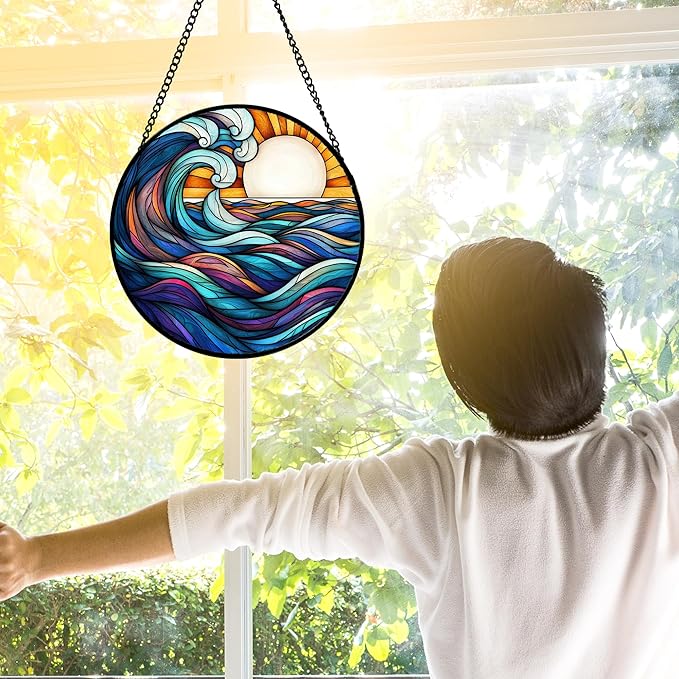 Stained Glass Window Hanging, Big Wave Sun Suncatcher Diamond Glass Panel - Image 2
