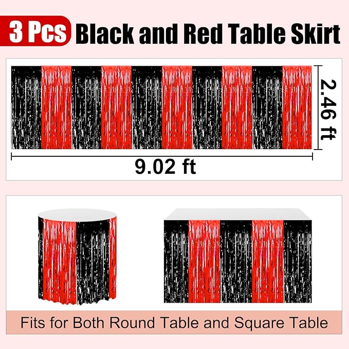 3 Pack 29 x108 Inch Black Red Foil Fringe Table Skirts Metallic Banner - Image 2