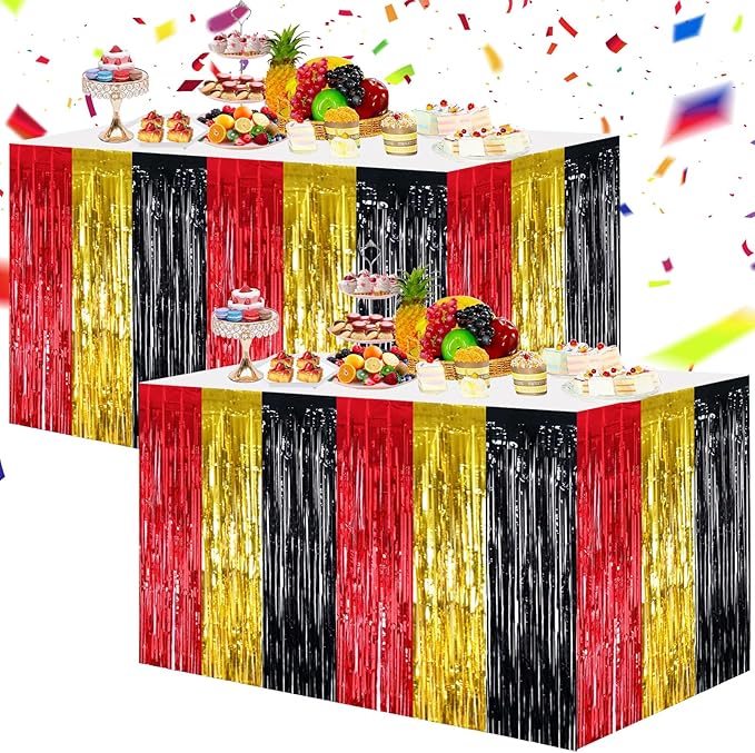 BEISHIDA 2 Pack Red Gold Black Table Skirts Party Decorations Metallic Tinsel by Beishida