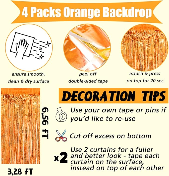 4 Pack Orange Fringe Curtain Backdrop, 3.2Ft x 6.6Ft Metallic Tinsel Foil - Image 2