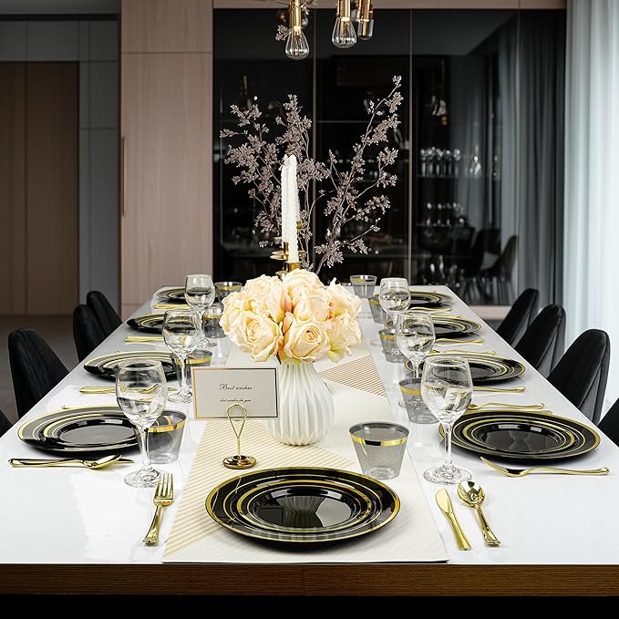 BESTVIP 350PCS Black Gold Dinnerware Set - Image 6