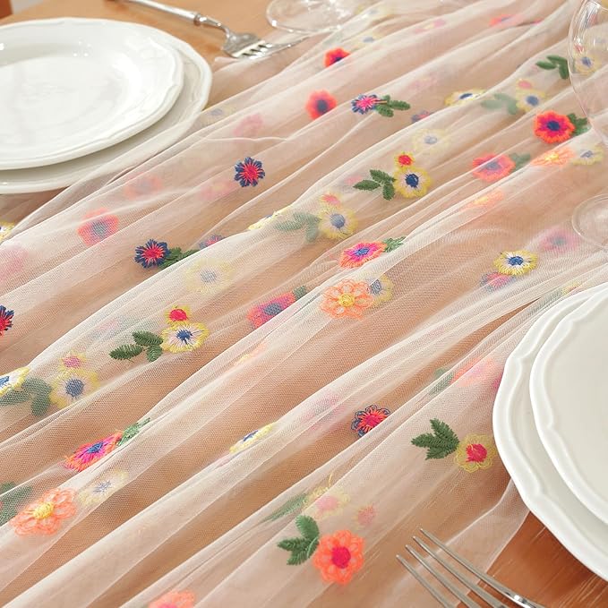 Champagne Embroidery Daisy Fall Table Runner 120Inch 10FT Florals Soft Sheer - Image 8