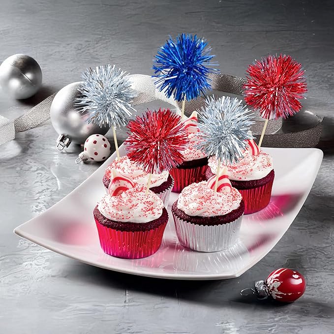 Ephlyn 30Pcs Foil Firework Cupcake Toppers Sparkle Tinsel Cupcake Picks Happy - Image 5
