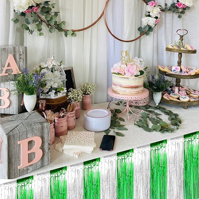 6 Pack 29x108 Inch Silver Green Metallic Foil Fringe Tinsel Table Skirts - Image 5