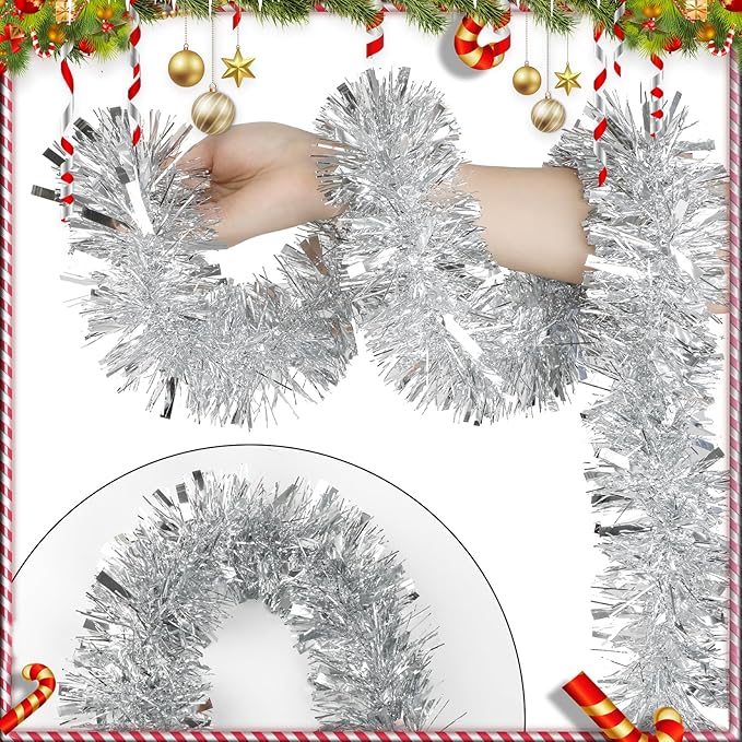 DECORA 33 Feet Silver Tinsel Garland, Christmas Metallic Hanging Tinsel Garland - Image 2
