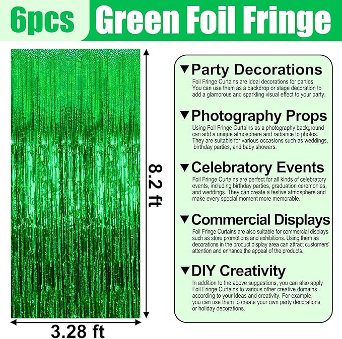 6 Pack Green Foil Fringe Curtain Backdrop, 3.28Ft x 8.2Ft Metallic Tinsel Foil - Image 2