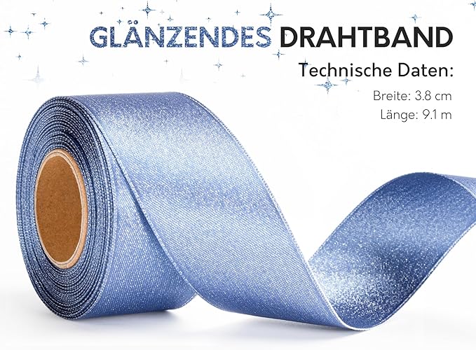 Dusty Blue Satin Wired Ribbon 1-1/2 Inch Double-Faced Sliver Glitter Christmas - Image 3