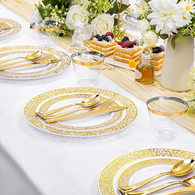 WELLIFE 210Pcs Gold Plastic Dinnerware - Image 5