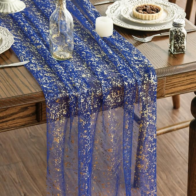 Artoid Mode Blue Gold Gauze Table Runner 120 Inch 10FT, Glitter Metallic Foil by ArtoidMode