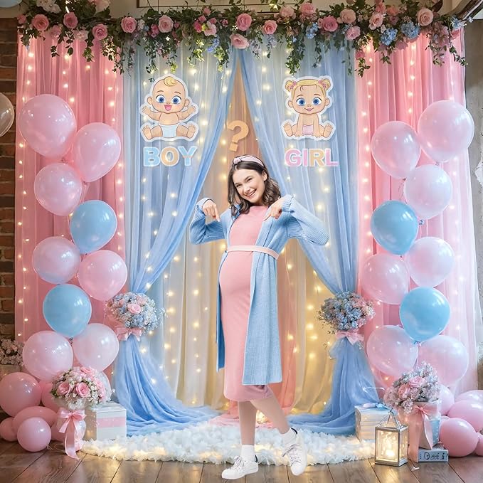Pink Blue Sheer Tulle Backdrop Curtains - Image 2