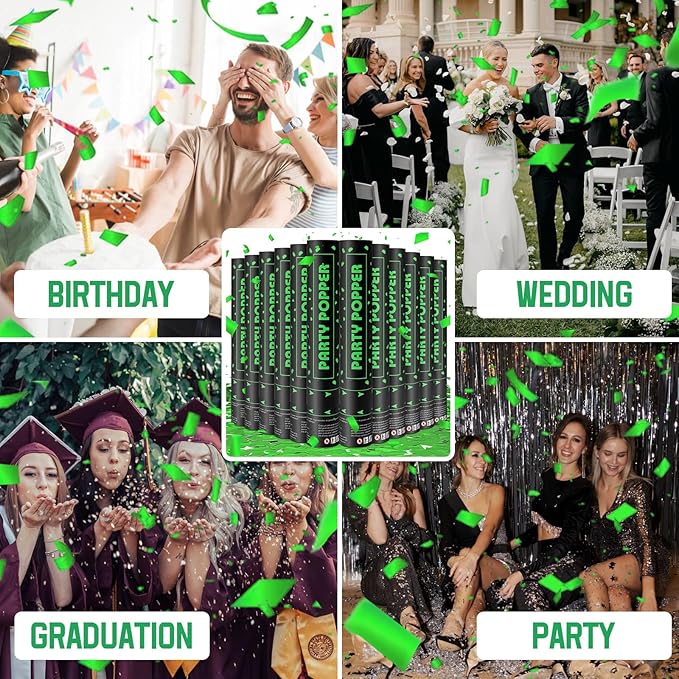 Party Poppers Confetti Cannon 12 Pack Green Poppers 12 Inch Party Shooters - Image 6