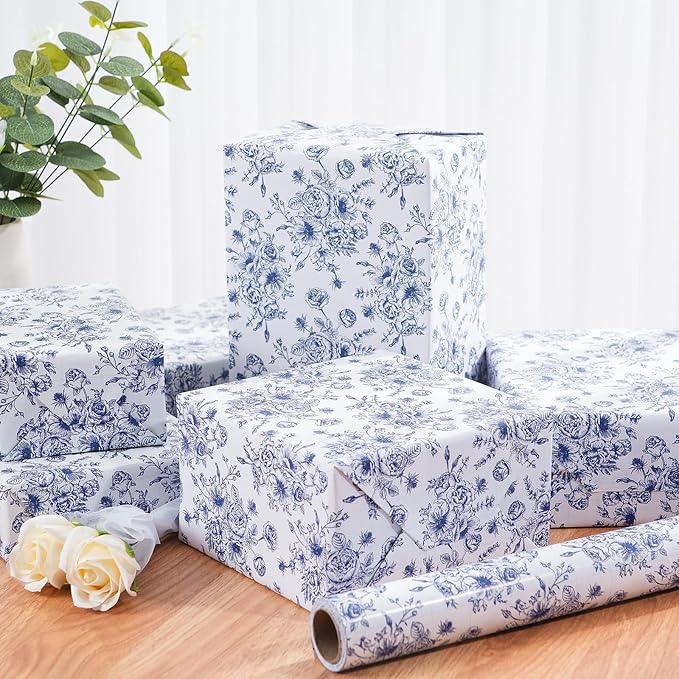 Ulmasinn Blue Floral Wrapping Paper Roll - Image 4