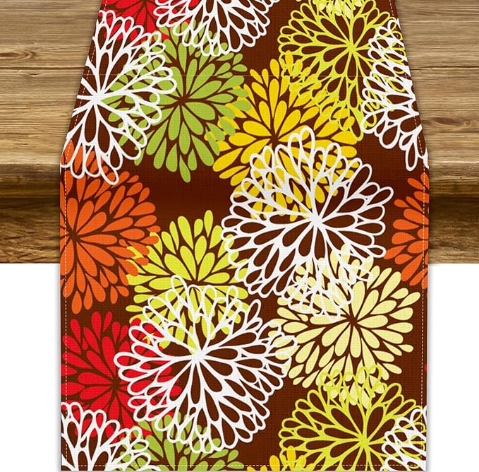 Brown Dahlia Floral Table Runner, Seasonal Autumn Thanksgiving Pattern Print by ShiTingYu