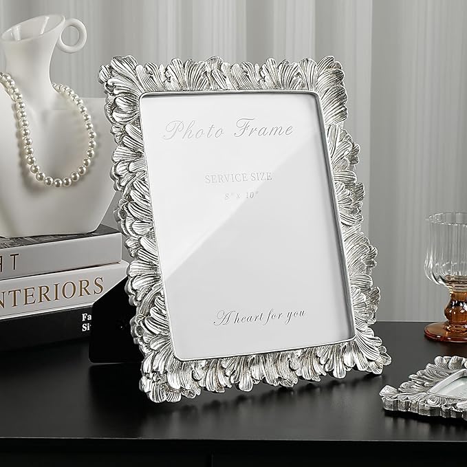 Cuspin 8x10 Picture Frame Silver, Vintage Silver Palm Leaves Textured - Image 2