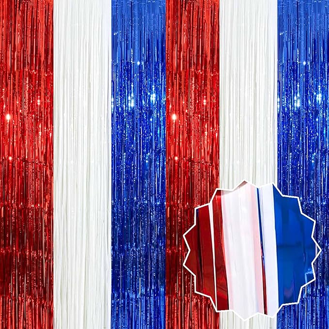 6 Pack White Blue Red Foil Fringe Curtains Backdrop, 3.28 x 8.2 Ft Metallic by LANTIANCHEN
