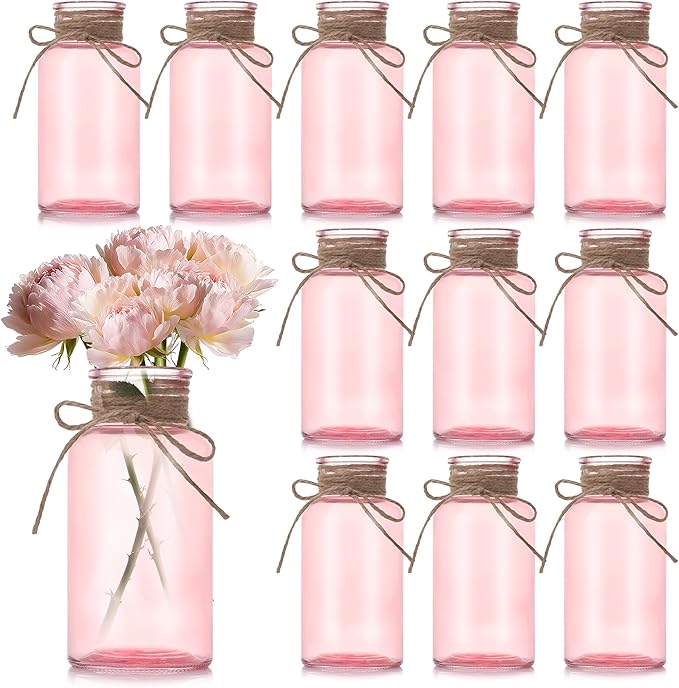 Pink Glass Flower Vases for Centerpieces Set of 12, Mason Jars Boho Cylinder by Unknown
