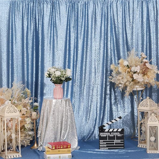 Eternal Beauty Baby Blue Sequin Backdrop, 4x7 Ft Glitter Background Curtains - Image 2