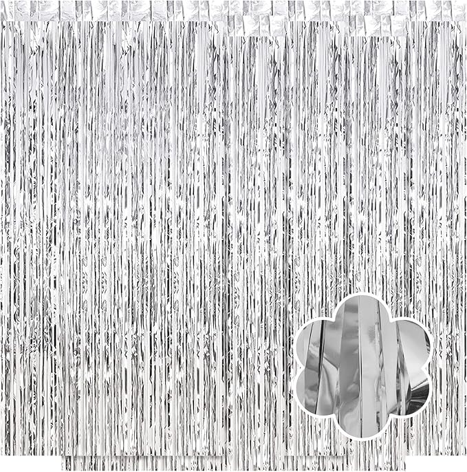 5 Pack Silver Foil Curtain Backdrop 3.2ft x 9.8ft Metallic Tinsel Foil Fringe by Ohiyoo