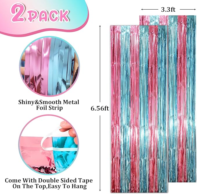 2 Pack Blue and Pink Foil Fringe Backdrop Curtains, Tinsel Streamers Mermaid - Image 2