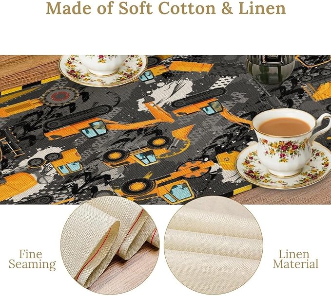 Cartoon Car Table Runner, Boy Kids Construction Yellow Tractor Excavator - Image 3