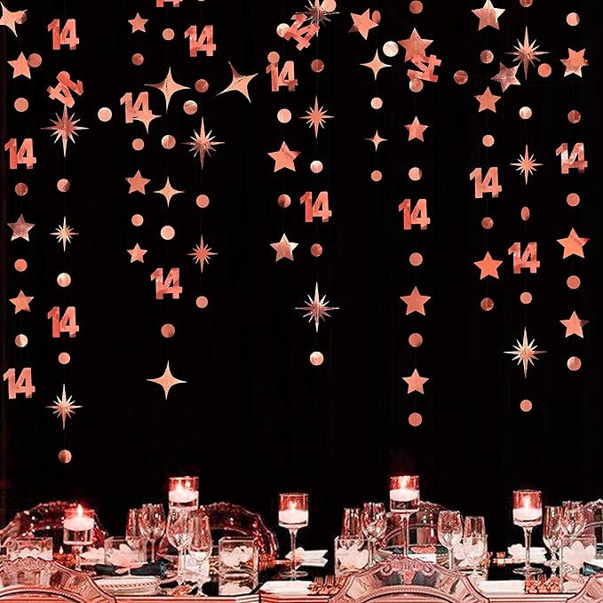 52Ft Rose Gold 14th Birthday Decorations Number 14 Circle Dot Star Garland - Image 4