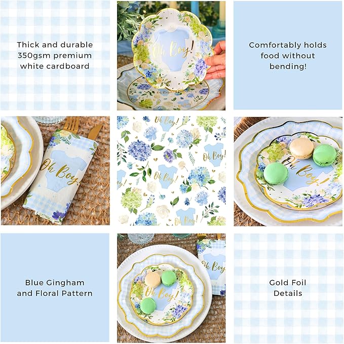 Kate Aspen Baby Shower Onesie Blue Floral & Gingham Tableware Set - Image 5
