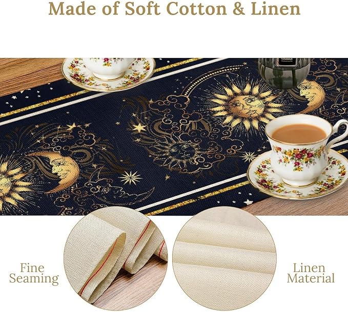 Sun Moon Table Runner, Seasonal Golden Sun Moon Holiday Kitchen Dining Table - Image 5