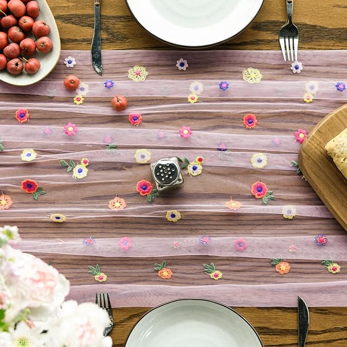 Artoid Mode Pink Embroidery Daisy Gauze Table Runner 120 Inch 10FT, Seasonal - Image 2