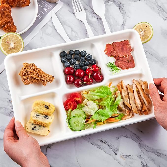 ECOLipak 100% Compostable 5 Compartment Plates, 100 Pack Disposable Compartment - Image 3