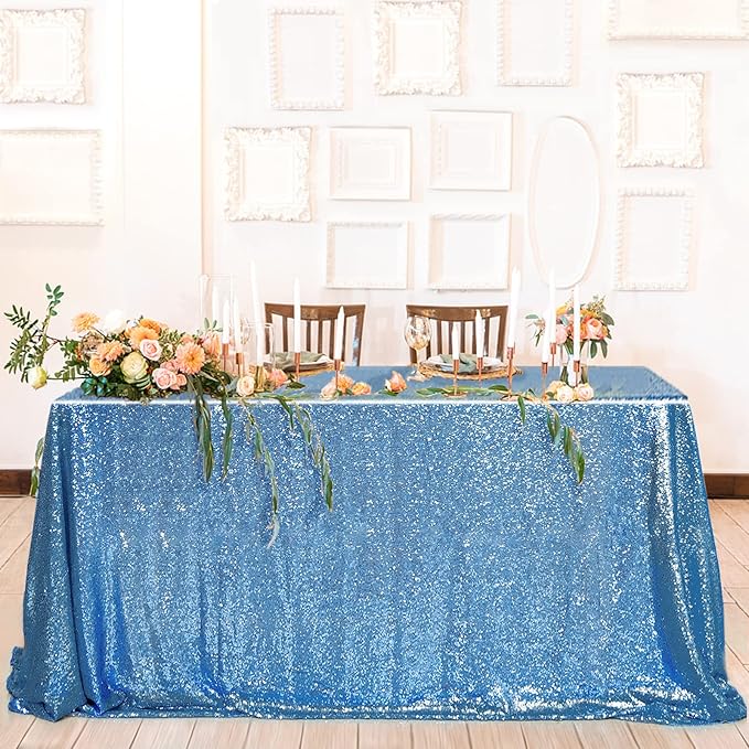 QueenDream Baby Blue Sequin Tablecloth 90x132 Inch Baby Shower Tablecloth - Image 7