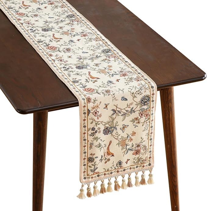 ISAENNE Designer Linen Table Runner 118 Inches Extra Long, Elegant Floral Bird by Isaennehomedecoration