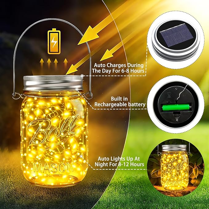 ZNYCYE Mason Jar Solar Lights for Outside, 6 Pack 30 LED Fairy Lights Mason Jar - Image 4