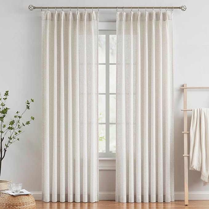 Vision Home Natural Pinch Pleated Semi Sheer Curtains Textured Linen Blended by VisionHome