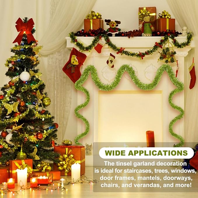 50 Feet Light Green Christmas Tinsel Garland, Metallic Foil Twist Banner Wall - Image 3