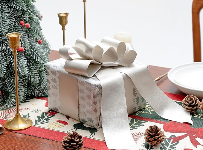 Champagne Satin Wired Ribbon 2-1/2 Inch Double-Faced Sliver Glitter Christmas - Image 4