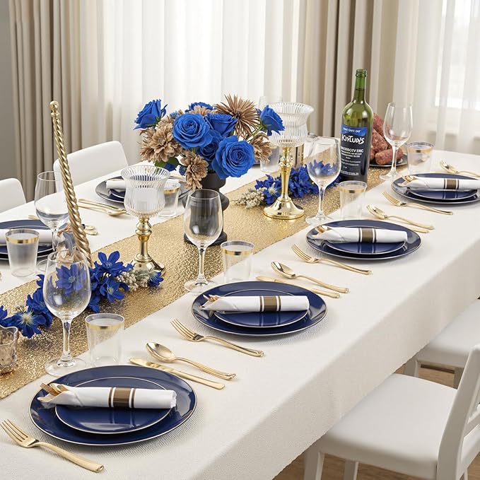 KIRE 350Pcs Blue and Gold Plates -Heavy Duty Navy Blue Dinnerware Set - Image 4