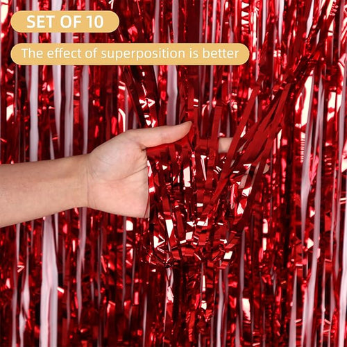 10 Pack Red Foil Curtain Backdrop 3.2ft x 9.8ft Metallic Tinsel Foil Fringe - Image 2